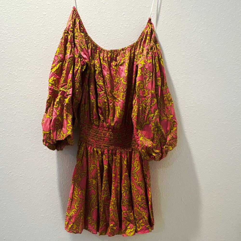 MISA Los Angeles Pink Yellow Floral Smocked Mini Dress Scoop Neck L Balloon 0113